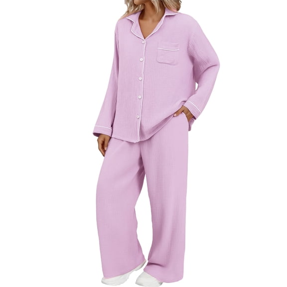 WTXUE Women's Cotton Pajama Set, Long Sleeve Button-Down Top and Long Pants with Pockets, Breathable Loungewear Trendy Sleepwear Plus Sized Nightwear Purple L