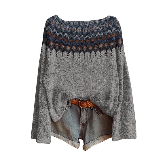 WTXUE Women's Fair Isle Retro Sweater Art Print Vintage Crewneck Pullover Top Lightweight Boho Tops Tribal Ethnic Graphic Cropped Knit Bohemian Long Sleeve Drop Shoulder Pullover Sweater Grey S