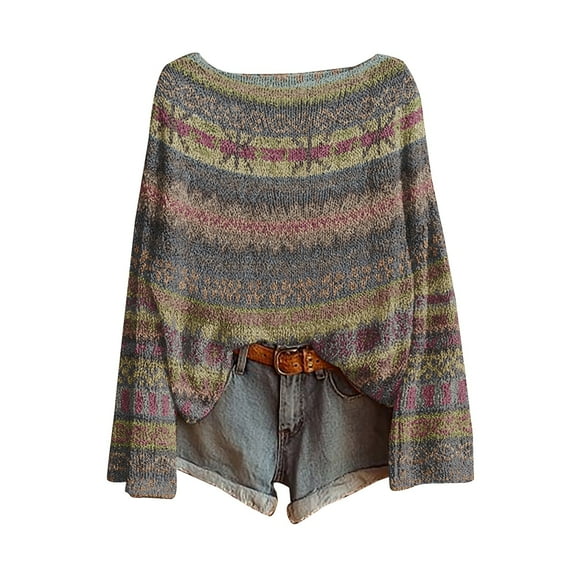 WTXUE Women's Fair Isle Retro Sweater Art Print Vintage Crewneck Pullover Top Lightweight Boho Tops Tribal Ethnic Graphic Cropped Knit Bohemian Long Sleeve Drop Shoulder Pullover Sweater Pink M