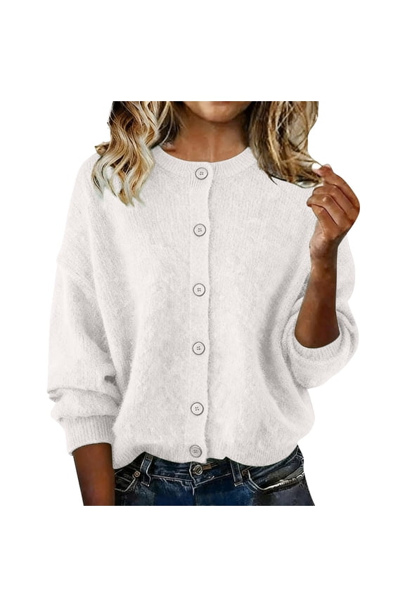 Women's Fall Knit Cardigans Sweaters Open Front Bat Sleeves Crewneck Button Down Knitwear Sweater Coat Loose Comfortable Cardigan Sweaters Trendy Casual Jacket Winter Clothes White M