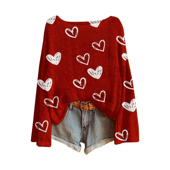 WTXUE Women's Fall Love Heart Sweaters Business Casual Long Sleeve Pullover Crew Neck Lightweight Sweatshirts Cute Blouse Tops Plus Sized Valentines Sweater Women Work Tee Shirts Wine 3Xl