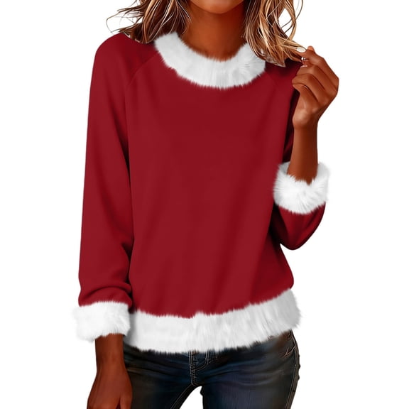 WTXUE Women's Faux Fur Trim Crew Neck Christmas Sweatshirt Trendy Oversized Long Sleeve Pullover Tops Warm Tunic Tops Casual Shirts Loose Blouses Red L