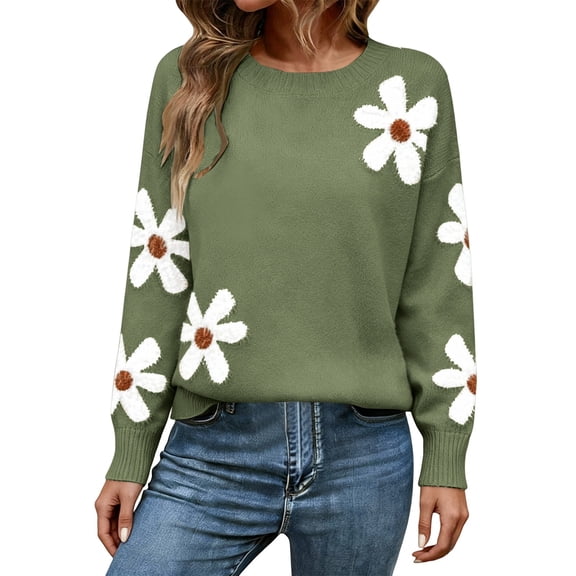 WTXUE Women's Floral Print Crew Neck Knit Pullover Sweater Cute Casual Lightweight Sweater Long Sleeve Tops Oversized Pullover Jumper Tunic Sweaters Green 3Xl