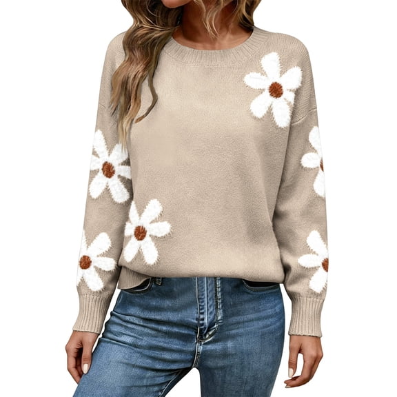 WTXUE Women's Floral Print Crew Neck Knit Pullover Sweater Cute Casual Lightweight Sweater Long Sleeve Tops Oversized Pullover Jumper Tunic Sweaters Beige L