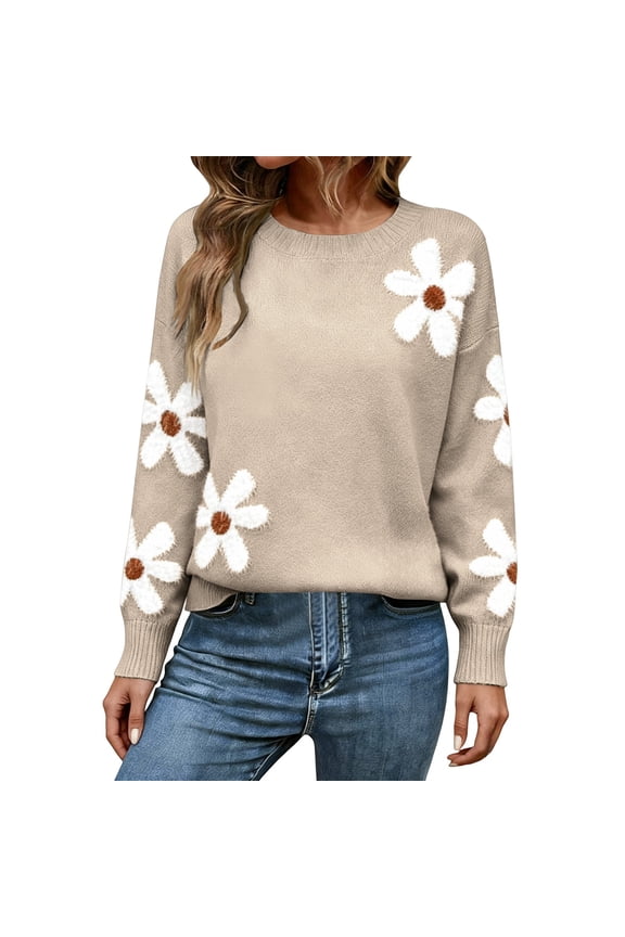 Women's Floral Print Crew Neck Knit Pullover Sweater Cute Casual Lightweight Sweater Long Sleeve Tops Oversized Pullover Jumper Tunic Sweaters Beige L