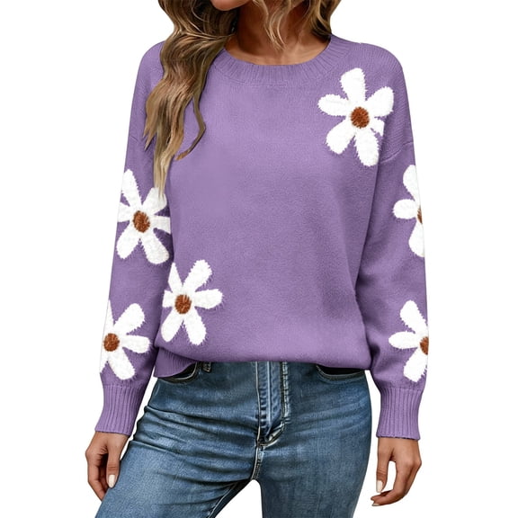 WTXUE Women's Floral Print Crew Neck Knit Pullover Sweater Cute Casual Lightweight Sweater Long Sleeve Tops Oversized Pullover Jumper Tunic Sweaters Purple M