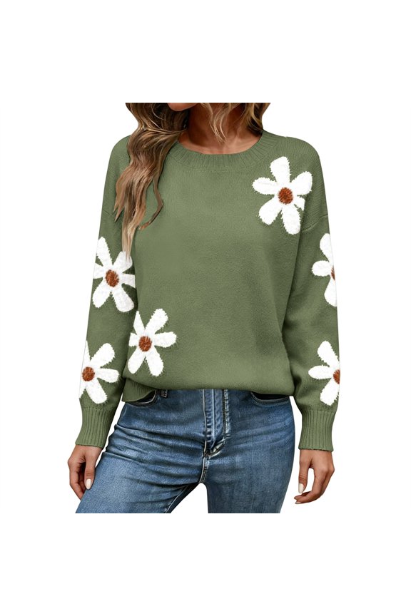 Women's Floral Print Crew Neck Knit Pullover Sweater Cute Casual Lightweight Sweater Long Sleeve Tops Oversized Pullover Jumper Tunic Sweaters Green S
