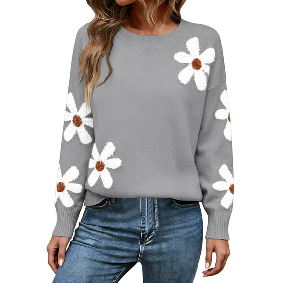 WTXUE Women's Floral Print Crew Neck Knit Pullover Sweater Cute Casual Lightweight Sweater Long Sleeve Tops Oversized Pullover Jumper Tunic Sweaters Grey 3Xl