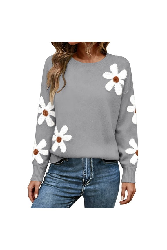Women's Floral Print Crew Neck Knit Pullover Sweater Cute Casual Lightweight Sweater Long Sleeve Tops Oversized Pullover Jumper Tunic Sweaters Grey S