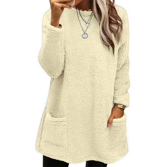 WTXUE Women's Fuzzy Sherpa Crewneck Sweatshirt Long Sleeve Tunic Top with Pockets Casual Loose Fit Pullover for Fall & Winter Graphic Sweatshirts Loose Sweatshirts Trendy Sweatshirts Beige 3Xl
