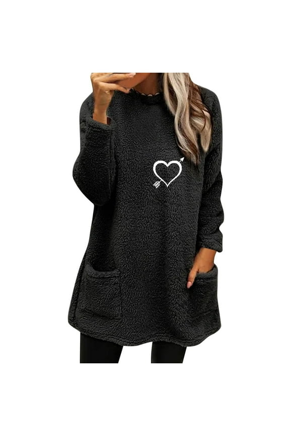 Women's Fuzzy Sherpa Crewneck Sweatshirt Long Sleeve Tunic Top with Pockets Casual Loose Fit Pullover for Fall & Winter Oversized Sweatshirt Casual Sweatshirts Oversized Shirts Black 3Xl