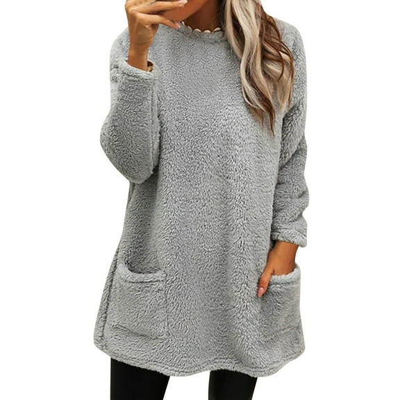 WTXUE Women's Fuzzy Sherpa Crewneck Sweatshirt Long Sleeve Tunic Top with Pockets Casual Loose Fit Pullover for Fall & Winter Sweatshirt Trendy Oversized Sweatshirts Sweatshirts Trendy Grey Xxl