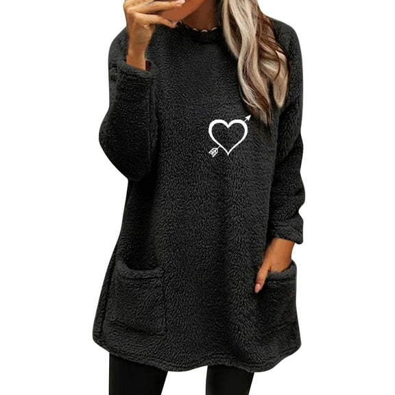 WTXUE Women's Fuzzy Sherpa Crewneck Sweatshirt Long Sleeve Tunic Top with Pockets Casual Loose Fit Pullover for Fall & Winter Tunic Sweatshirts Comfy Sweatshirts Casual Sweatshirts Black Xl