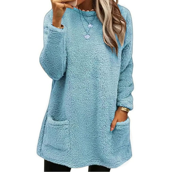 WTXUE Women's Fuzzy Sherpa Crewneck Sweatshirt Long Sleeve Tunic Top with Pockets Casual Loose Fit Pullover for Fall & Winter Tunic Sweatshirts Fashion Sweatshirts Dressy Sweatshirts Blue L