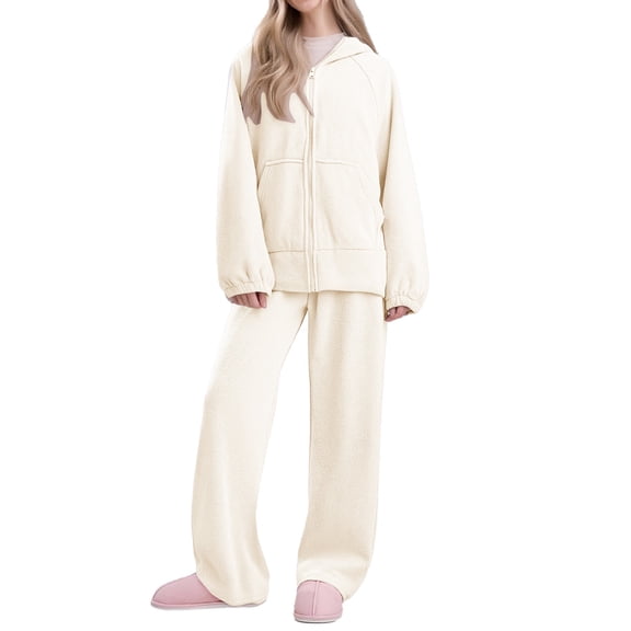 WTXUE Women's Fuzzy Sherpa Loungewear Set Zip Up Hooded Jacket with Wide-Leg Pants Oversized Leisure Set Loose Casual Home Sets Trendy Soft Fall Winter Warm Outfits Beige M