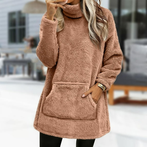 WTXUE Women's Fuzzy Sherpa Turtleneck Sweatshirt Long Sleeve Tunic Top with Pockets Casual Loose Fit Pullover for Fall & Winter Oversized Sweatshirt Plain Sweatshirt Oversized Sweatshirt Coffee M