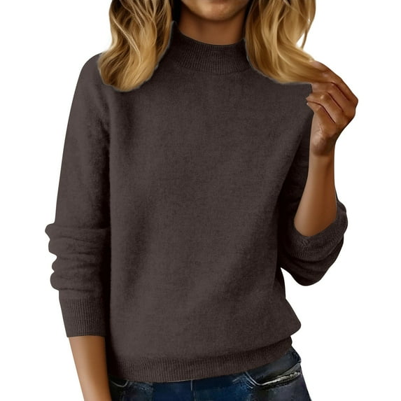 WTXUE Women's Half Turtleneck Long Sleeved Pullover Sweaters Loose Slimming Brushed Knitted Sweater Casual Trendy Pullover Tops Tunic Pullover Knit Tops Winter Clothes Brown M