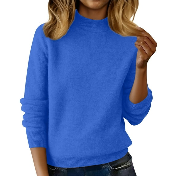 WTXUE Women's Half Turtleneck Long Sleeved Pullover Sweaters Loose Slimming Brushed Knitted Sweater Casual Trendy Pullover Tops Tunic Pullover Knit Tops Winter Clothes Blue L