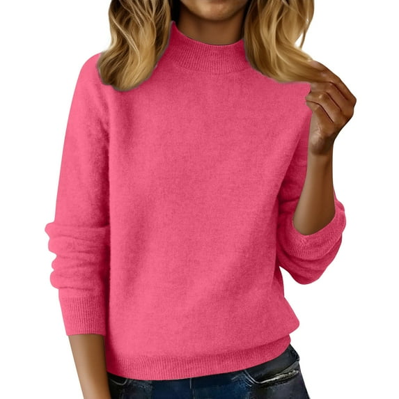 WTXUE Women's Half Turtleneck Long Sleeved Pullover Sweaters Loose Slimming Brushed Knitted Sweater Casual Trendy Pullover Tops Tunic Pullover Knit Tops Winter Clothes Hot Pink Xxl