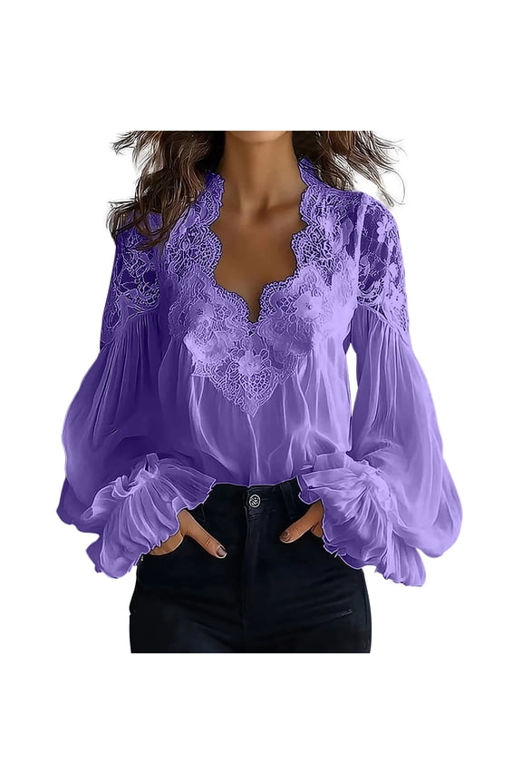 Women's Lace Patchwork Puff Sleeve Blouse Pleated Deep V Neck Long Sleeve Sheer Shirts Casual Loose Fit Sheer Tops Elegant Lace Embroidered Peplum Tops Long Sleeve Boho Tops Purple M