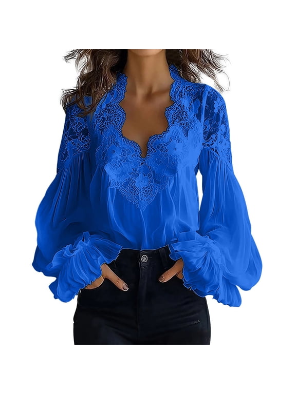 Women's Lace Patchwork Puff Sleeve Blouse Pleated Deep V Neck Long Sleeve Sheer Shirts Casual Loose Fit Sheer Tops Elegant Lace Embroidered Peplum Tops Long Sleeve Boho Tops Blue M