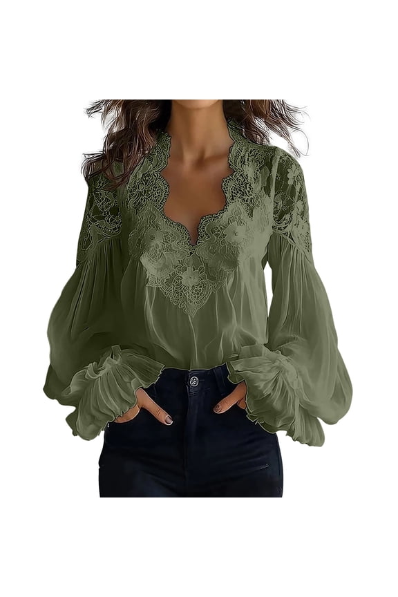 Women's Lace Patchwork Puff Sleeve Blouse Pleated Deep V Neck Long Sleeve Sheer Shirts Casual Loose Fit Sheer Tops Elegant Lace Embroidered Peplum Tops Long Sleeve Boho Tops Blackish Green M