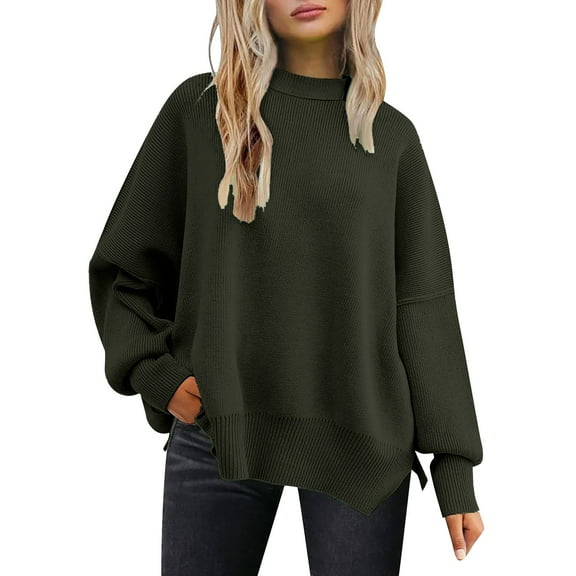 WTXUE Women's Oversized Batwing Sweaters 2025 Fall Outfits Trendy Crewneck Knit Side Slit Fashion Pullover Tops Tunic Sweater Baggy Soft Sweaters Jn M