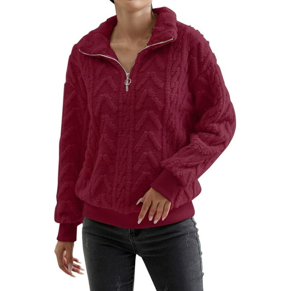 WTXUE Women's Oversized Cable Knit Pullover Sweatshirts Quarter Zip Collared Fleece Lined Jacket Fall Winter Fashion Warm Trendy Sweater for Cold Weather Red S