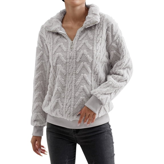 WTXUE Women's Oversized Cable Knit Pullover Sweatshirts Quarter Zip Collared Fleece Lined Jacket Fall Winter Fashion Warm Trendy Sweater for Cold Weather Grey M