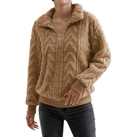 WTXUE Women's Oversized Cable Knit Pullover Sweatshirts Quarter Zip Collared Fleece Lined Jacket Fall Winter Fashion Warm Trendy Sweater for Cold Weather Brown M