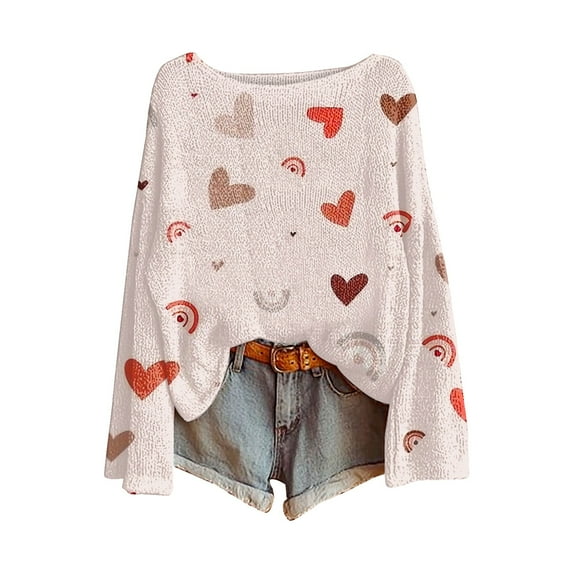 WTXUE Women's Oversized Heart Sweater Long Sleeve Cute Sweater Spring Dressy Casual Ribbed Knit Crew Neck Casual Love Pullover Tops Fall Lightweight Holiday Sweaters Tunic Tops Beige L