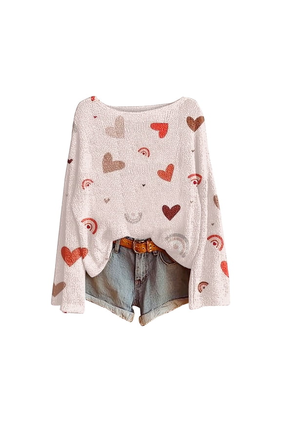 Women's Oversized Heart Sweater Long Sleeve Cute Sweater Spring Dressy Casual Ribbed Knit Crew Neck Casual Love Pullover Tops Fall Lightweight Holiday Sweaters Tunic Tops Beige M
