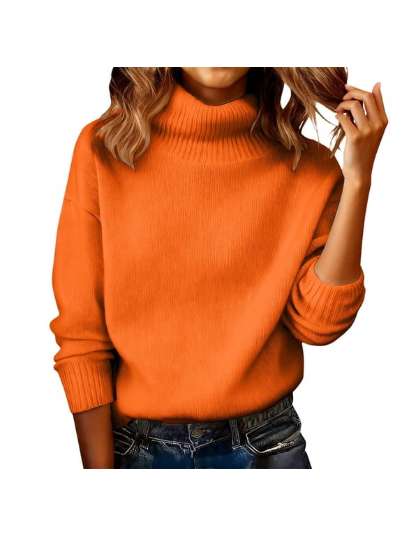 Women's Oversized Ribbed Turtleneck Sweater Casual Fall Loose Knit Pullover Sweater Trendy Basic Jumper Top Long Sleeve Tops Winter Warm Comfortable Soft Layers Pullover Orange Xl