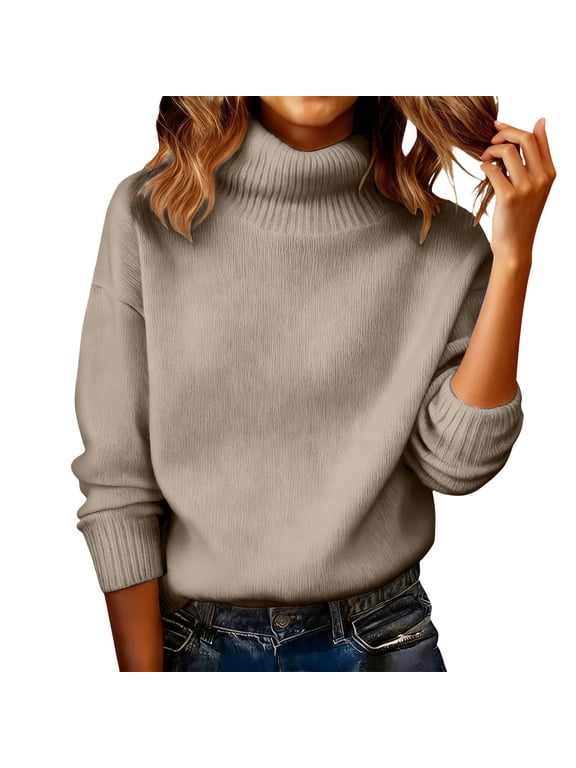 Women's Oversized Ribbed Turtleneck Sweater Casual Fall Loose Knit Pullover Sweater Trendy Basic Jumper Top Long Sleeve Tops Winter Warm Comfortable Soft Layers Pullover Beige L