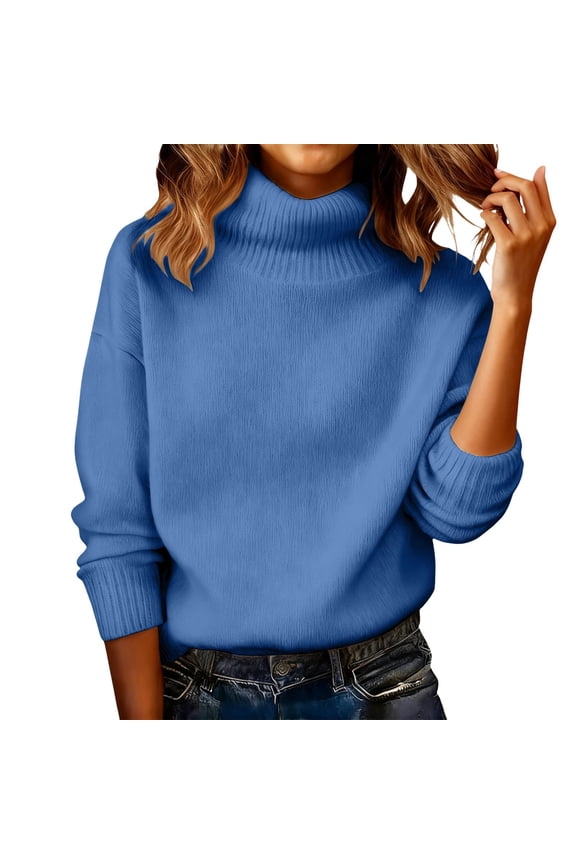 Women's Oversized Ribbed Turtleneck Sweater Casual Fall Loose Knit Pullover Sweater Trendy Basic Jumper Top Long Sleeve Tops Winter Warm Comfortable Soft Layers Pullover Blue M