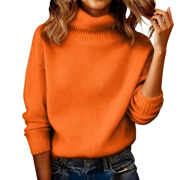 WTXUE Women's Oversized Ribbed Turtleneck Sweater Casual Fall Loose Knit Pullover Sweater Trendy Basic Jumper Top Long Sleeve Tops Winter Warm Comfortable Soft Layers Pullover Orange Xxl