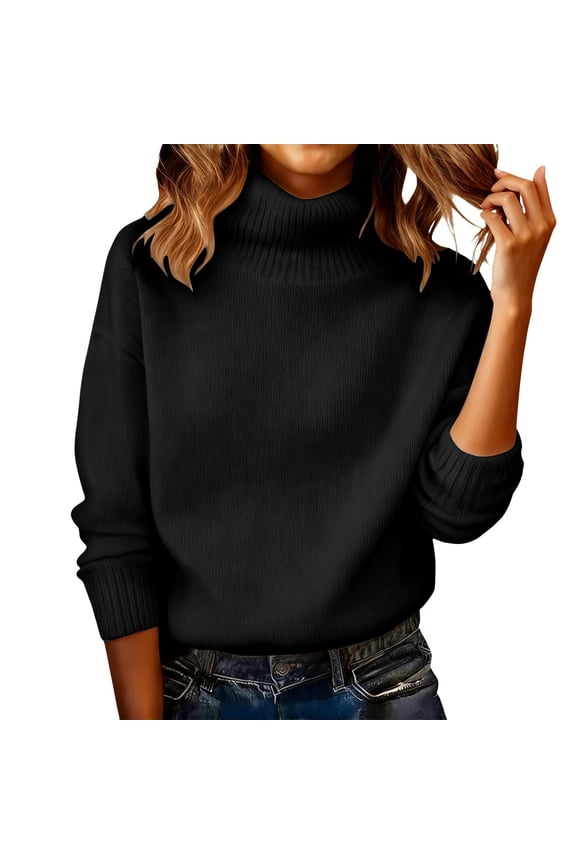 Women's Oversized Ribbed Turtleneck Sweater Casual Fall Loose Knit Pullover Sweater Trendy Basic Jumper Top Long Sleeve Tops Winter Warm Comfortable Soft Layers Pullover Black Xl