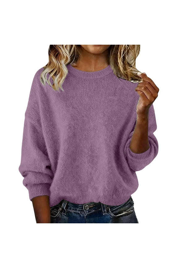 Women's Oversized Sweaters 2025 Batwing Long Sleeve Fuzzy Knit Casual Crewneck Pullover Sweater Soft Loose Blouses Fall Outfits Clothes Purple 3Xl