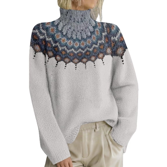 WTXUE Women's Oversized Turtleneck Sweater Fair Isle Knitted Pullover Long Sleeve Cozy Top for Fall Winter Tunic Sweaters Loose Retro Pullover Sweaters Outfits White Xxl