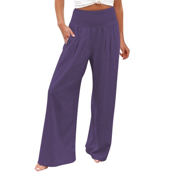 WTXUE Women's Pants, Slacks High Waist Wide Leg Palazzo Pants for Women Smocked Elastic Waist Loose Comfy Casual Pajama Pants Pockets, Linen Pants Women Pantalones De Mujer, Purple
