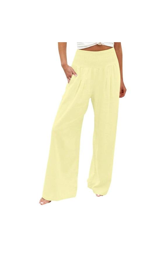 Women's Pants, Womens Trousers Waisted Wide Leg Pants for Women Smocked Elastic Waist Waisted Loose Comfy Casual Pants Pockets, Slacks Linen Pants Women Pantalones De Mujer, Yellow