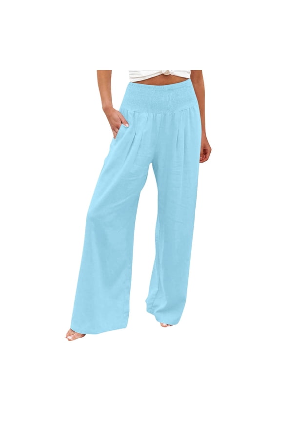 Women's Pants, Womens Trousers Waisted Wide Leg Pants for Women Smocked Elastic Waist Waisted Loose Comfy Casual Pants Pockets, Slacks Linen Pants Women Pantalones De Mujer, Sky Blue