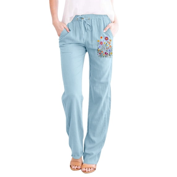 WTXUE Women's Pants, Womens Trousers Womens Printing Casual Loose Pants with Pockets Elastic High Waist Paper Bag Pants Linen Pants, Slacks Linen Pants Women Pantalones De Mujer, 3-Light Blue
