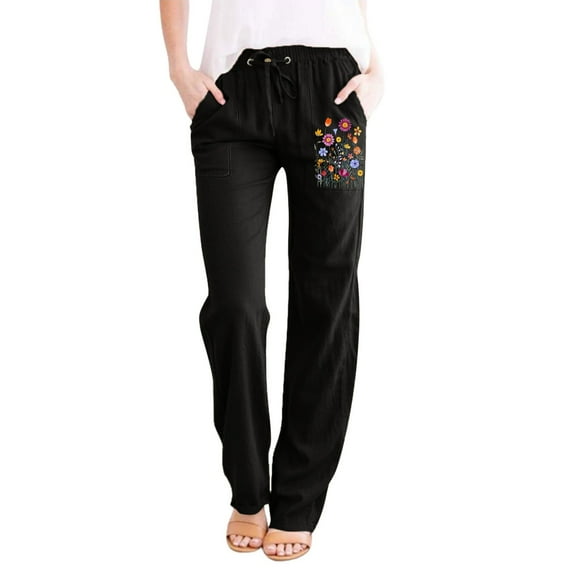 WTXUE Women's Pants, Womens Trousers Womens Printing Casual Loose Pants with Pockets Elastic High Waist Paper Bag Pants Linen Pants, Slacks Linen Pants Women Pantalones De Mujer, 3-Black