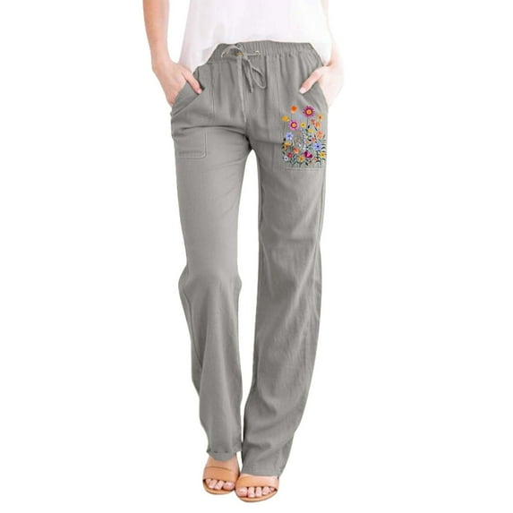 WTXUE Women's Pants, Womens Trousers Womens Printing Casual Loose Pants with Pockets Elastic High Waist Paper Bag Pants Linen Pants, Slacks Linen Pants Women Pantalones De Mujer, 3-Grey