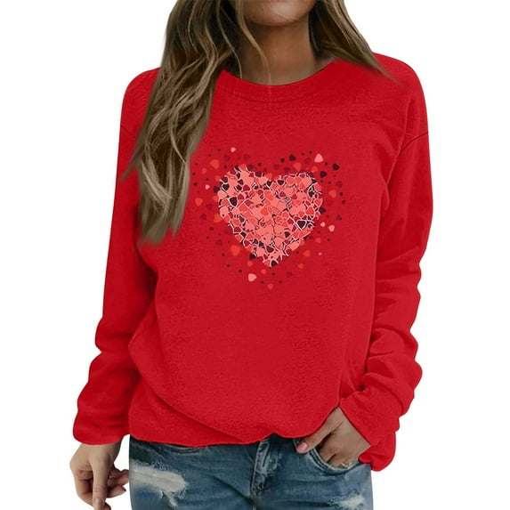 WTXUE Women's Red Heart Sweatshirt Valentine Casual Long Sleeve Crewneck Pullover Sweatshirt Soft Comfy Loose Fit Pullover Top Oversized Comfortable Tunic Shirts Red S