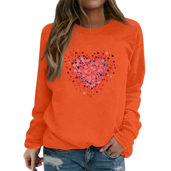 WTXUE Women's Red Heart Sweatshirt Valentine Casual Long Sleeve Crewneck Pullover Sweatshirt Soft Comfy Loose Fit Pullover Top Oversized Comfortable Tunic Shirts Orange S
