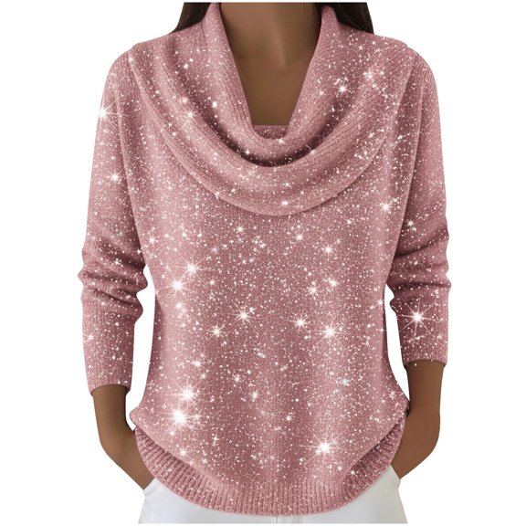 WTXUE Women's Sequin Christmas Cowl Neck Pullover Sweater Shiny Sweater Elegant Casual Sweater Fashion Long Sleeve Oversized Tunic Tops Winter Outwear Pink 3Xl