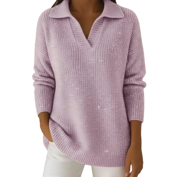 WTXUE Women's Sequin Polo Neck Knit Sweaters Sparkle Casual Long Sleeve Blouses Shimmer Glitter Sweatshirt Party Loose Fit Shirts Tunic Tops Trendy Basic Pullover Sweaters Pink L
