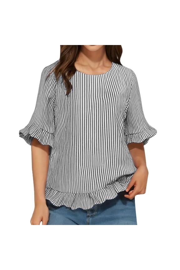 Women's Striped Blouse 3/4 Ruffle Sleeve Top Casual Shirt Loose Fit Round Neck Blouse Basic Tops Fashion Tops Fitted Tops Work Tops Basic Tops Loose Blouses Black S
